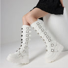 GIGIFOX Goth Metal Buckle Combat Mid-Calf Boots For Women Round Toe Platform Chunky High Wedges Cool Fashion Motorcycle Boots -
