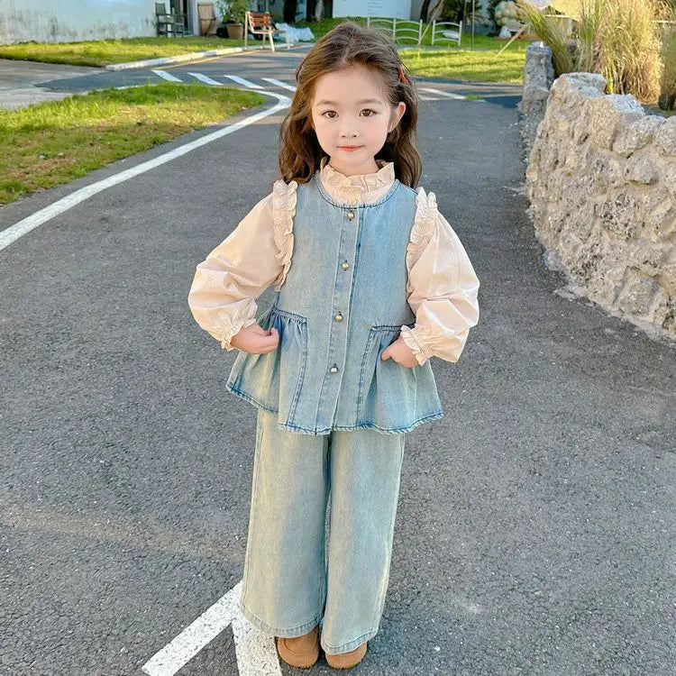 Children's Clothing Sets Girls Denim Vest + Long Sleeve Shirt + Wide Leg Pants Three-piece Suit Toddler Kids Boutique Clothes -
