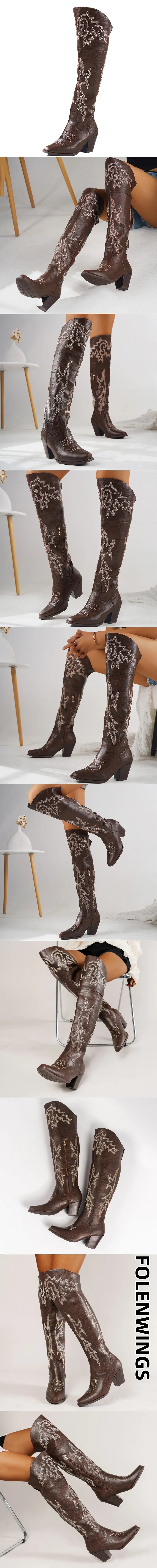 2025 Brand Plus size 43 High Quality Retro Black Block Heels Over the Knee Western Boots Vintage High Cowboy Boots Women Shoes -