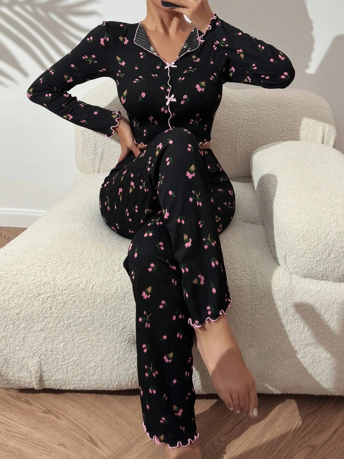 Y2K Cute Floral Ribbed Pajama Set Womens Long Sleeve V Neck Two Piece Sleepwear Homewear Autumn Winter Bow Lettuce Trim New Hot -