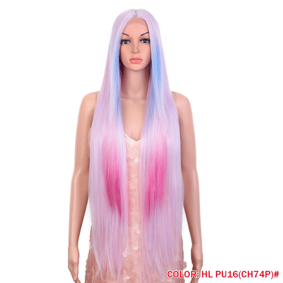 Make a bold statement with this super long 38 straight lace front wig—featuring a stunning Lolita pink and blonde blend, perfect for cosplay and standout style! -