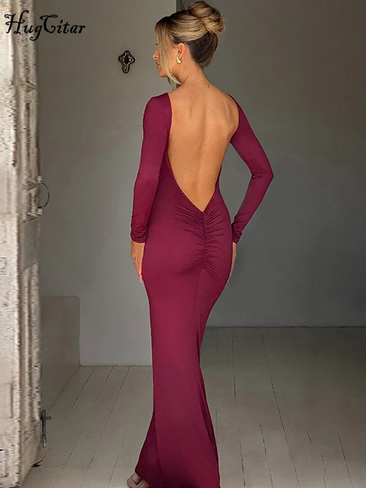 Elegant Long Sleeve Backless Dress -