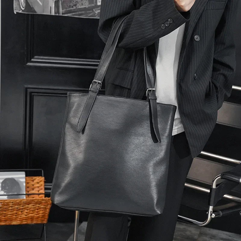 Soft Leather Tote Bag for Men Japanese Korea Style Business Casual Street Handbag Male Large Capacity Zipper Laptop Underam Bags -