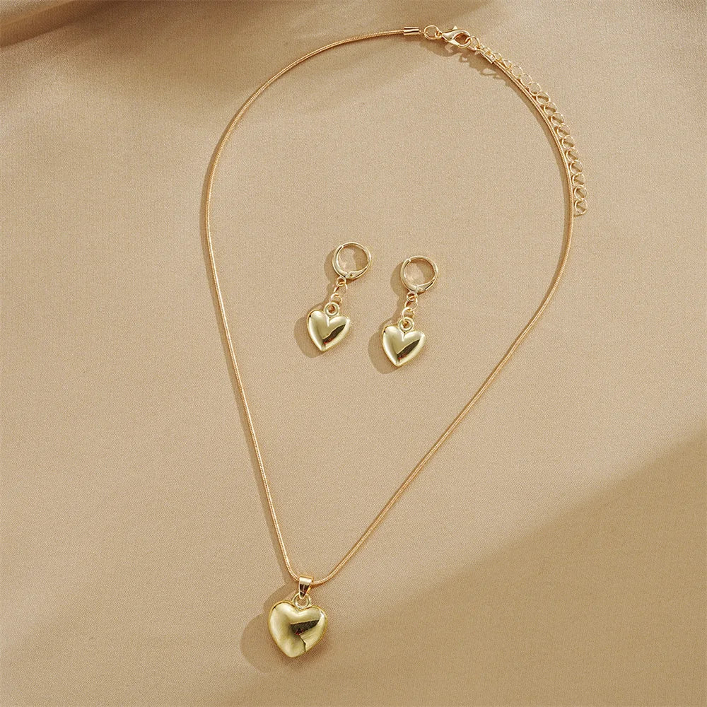 Glossy Gold Plated Metal Love Heart Dangle Earrings Set -