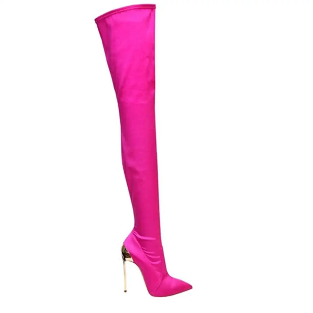 Arden Furtado 2025 Autumn Stretch boots Metal stiletto heels Over the knee boots Pointed Toe Super high heel thigh high boots 41 -