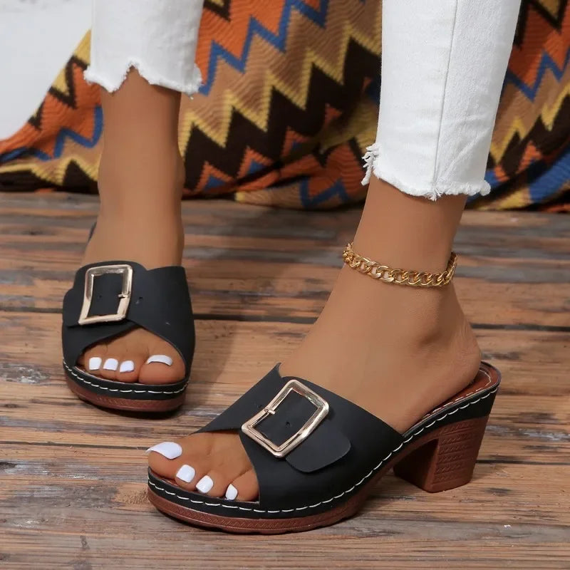 Soft Platform Chunky Heels Buckle Designer Shoes -