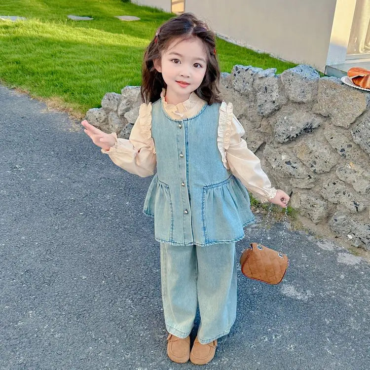 Children's Clothing Sets Girls Denim Vest + Long Sleeve Shirt + Wide Leg Pants Three-piece Suit Toddler Kids Boutique Clothes -