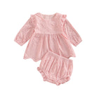 Keep your toddler cozy and cute in this 2-piece set featuring a solid color cutout round neck long sleeve top and matching bottoms—perfect for baby girls 3-24m! -