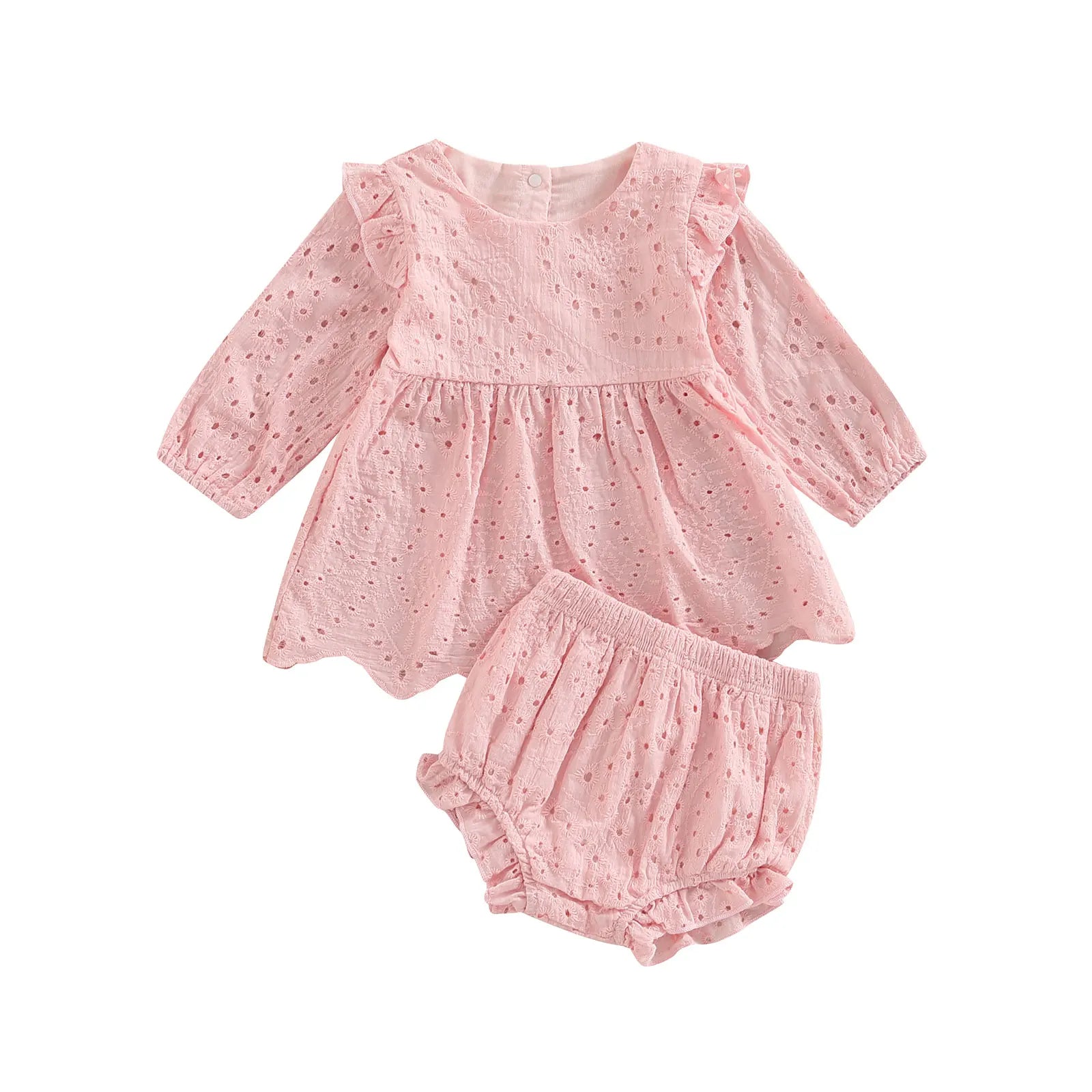 Keep your toddler cozy and cute in this 2-piece set featuring a solid color cutout round neck long sleeve top and matching bottoms—perfect for baby girls 3-24m! -