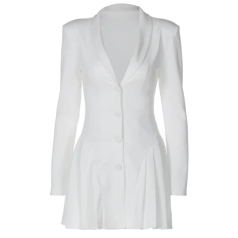 Women Elegant White Single-breasted Pleated Mini Dress -