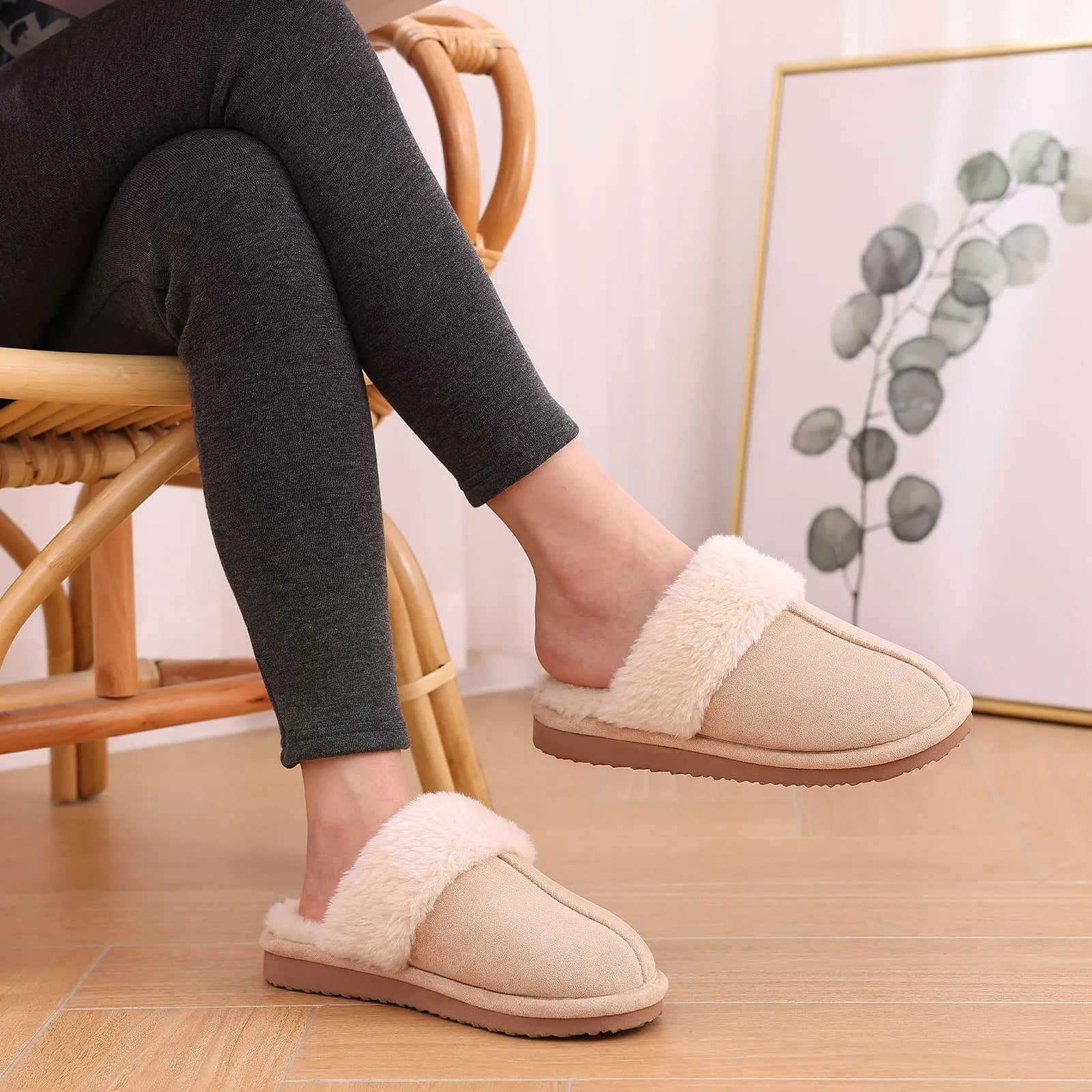 Evshine Women Plush Cotton Slippers Winter Indoor Warm Soft House Slipper Comfort Memory Foam Slides Outdoor Fur Fuzzy Flat Shoe -