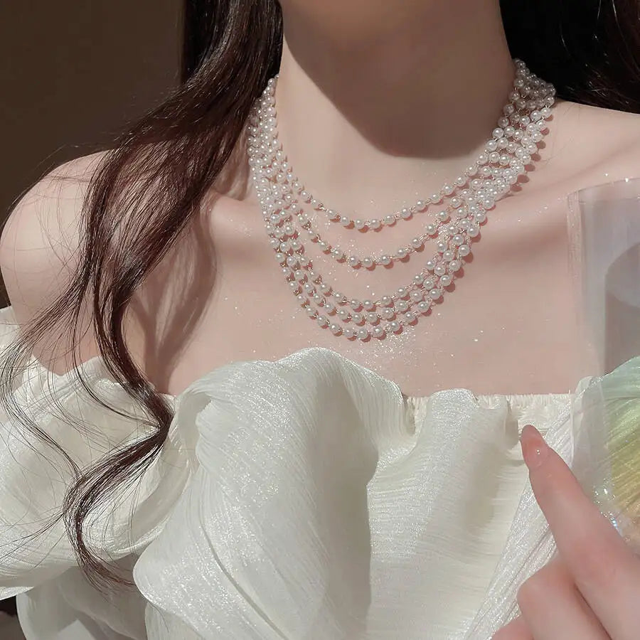 Multi-Layer Pearl Choker Necklace -