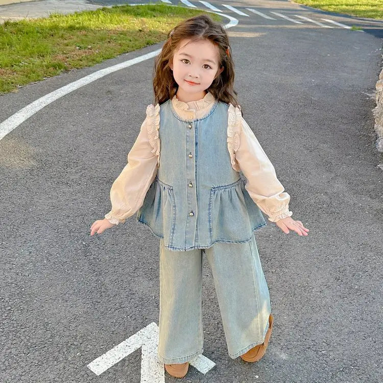 Children's Clothing Sets Girls Denim Vest + Long Sleeve Shirt + Wide Leg Pants Three-piece Suit Toddler Kids Boutique Clothes -