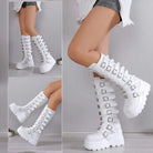 GIGIFOX Goth Metal Buckle Combat Mid-Calf Boots For Women Round Toe Platform Chunky High Wedges Cool Fashion Motorcycle Boots -