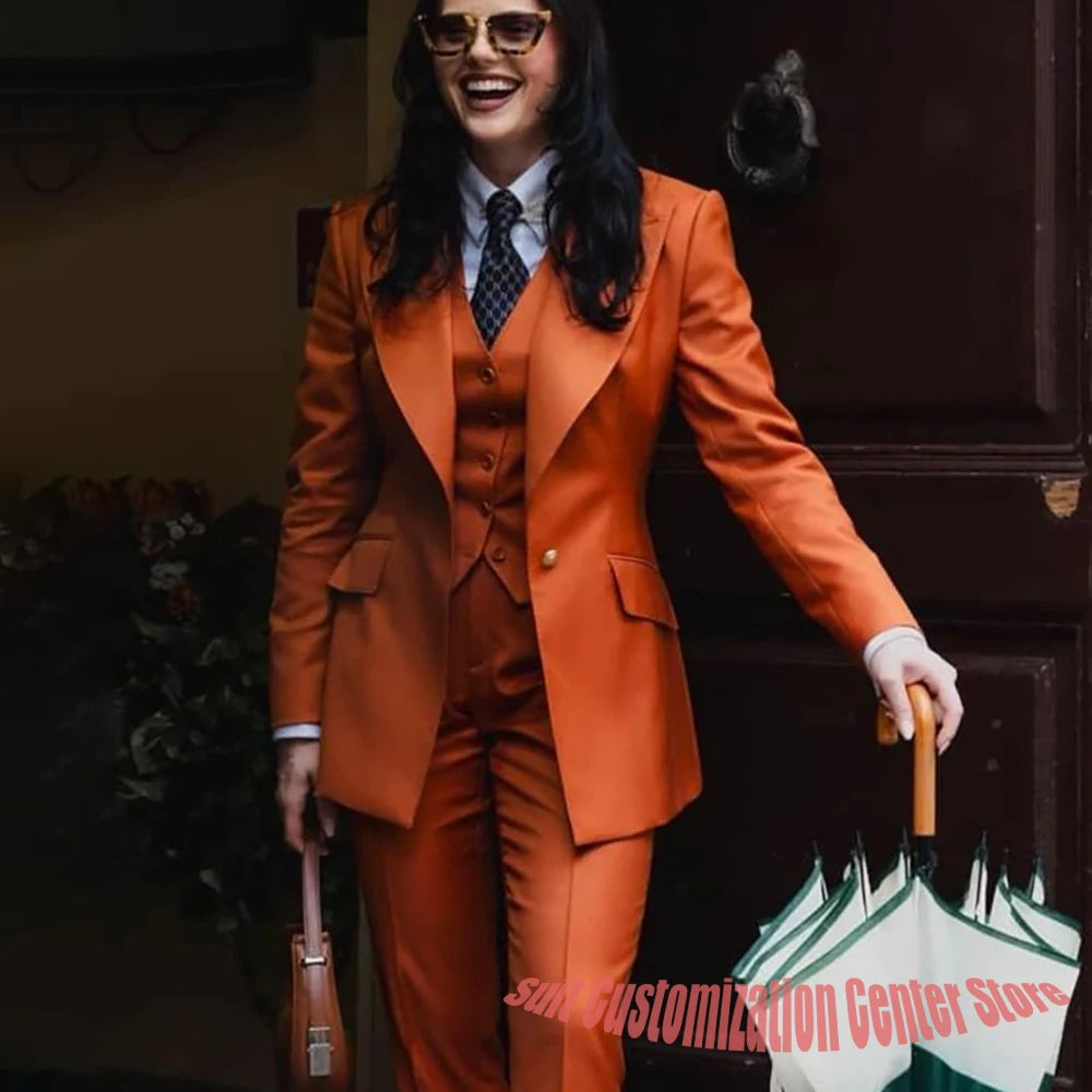 Autumn Retro Red Women's Jacket Pant Sets 3Piece Suit Single Button Peaked Lapel Blazer Formal Office Professional Outerwears -