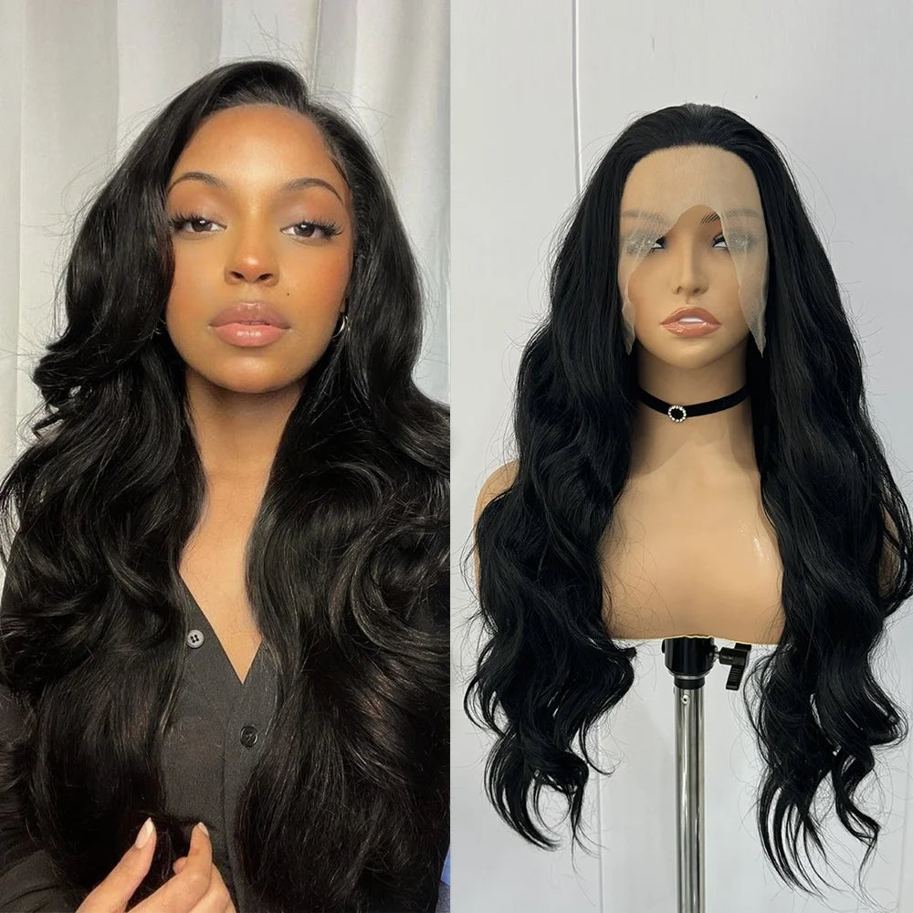 Achieve versatile and trendy looks with this black lace front wig. Featuring long, body wavy heat-resistant fiber, and a glueless design, this wig is perfect for effortless and stylish hair transformations. -