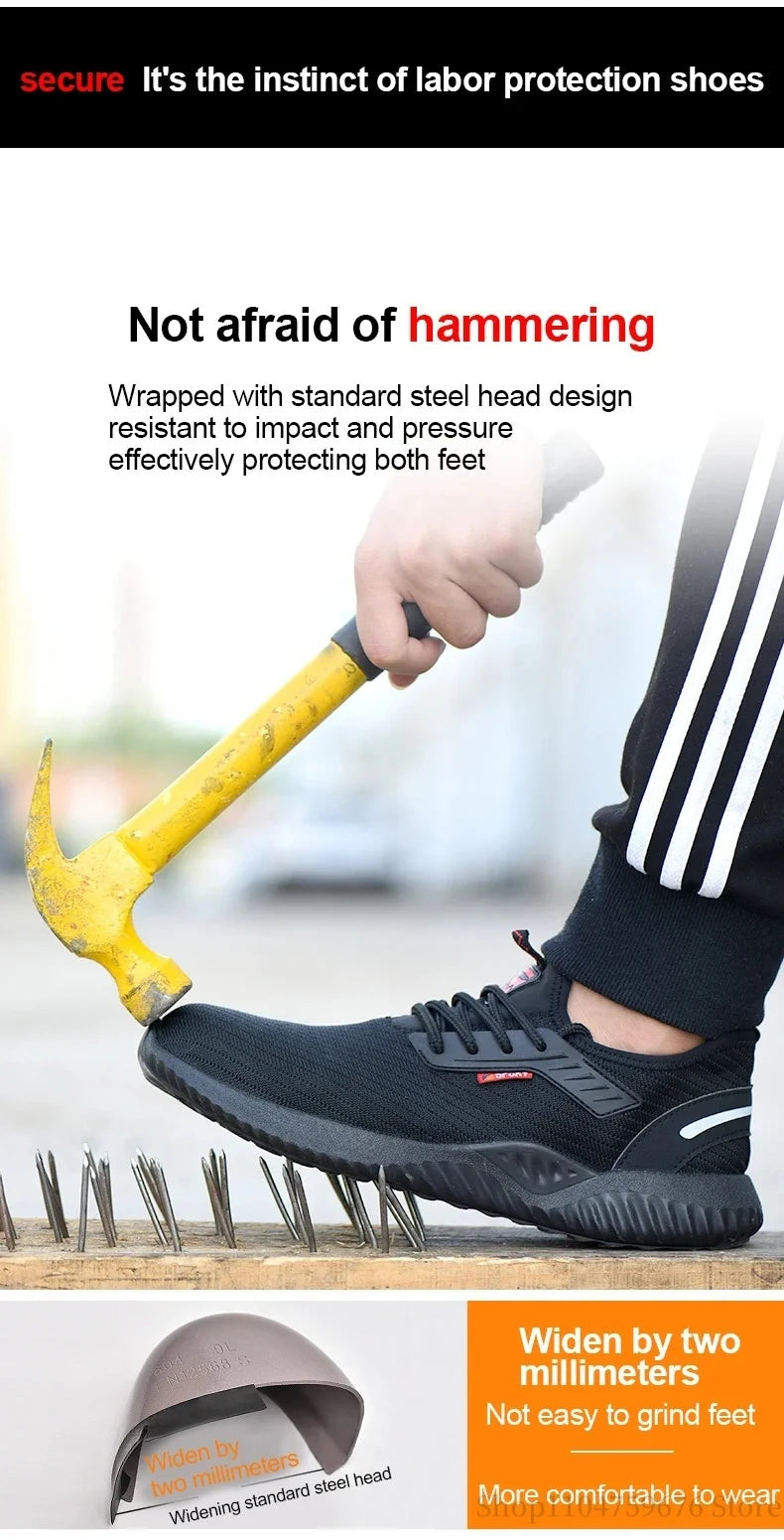 Braided safety shoes for men with steel toe protection, bump-proof, breathable, comfortable, lightweight, durable and safe. -