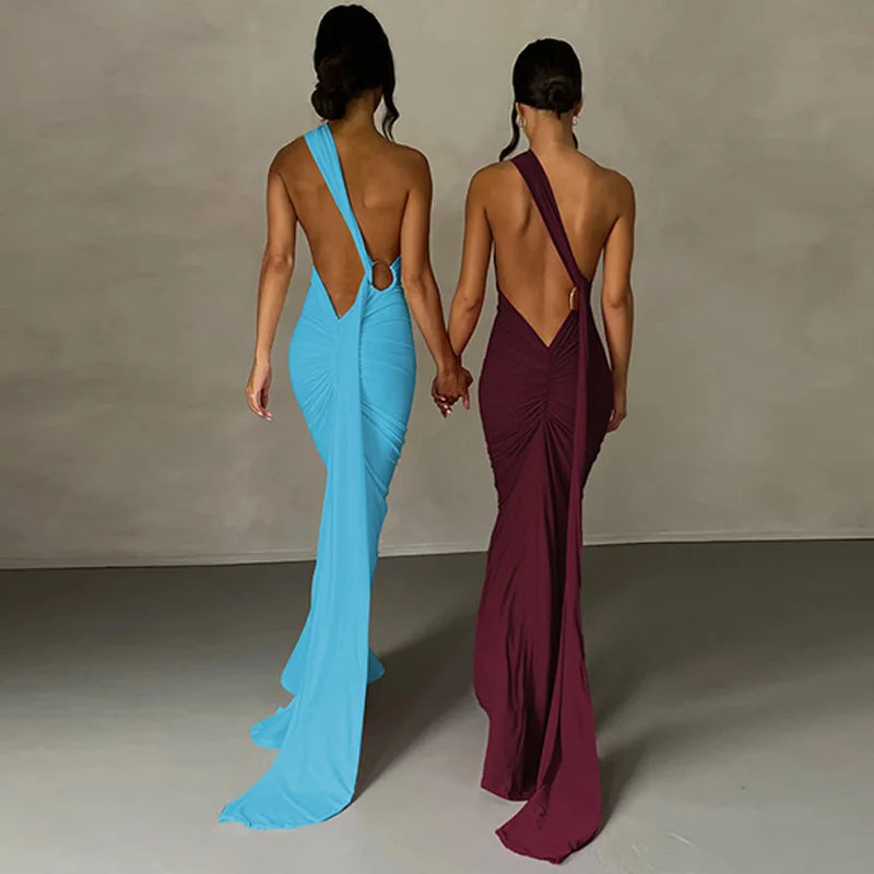 One Shoulder Sleeveless Backless Maxi Dress -