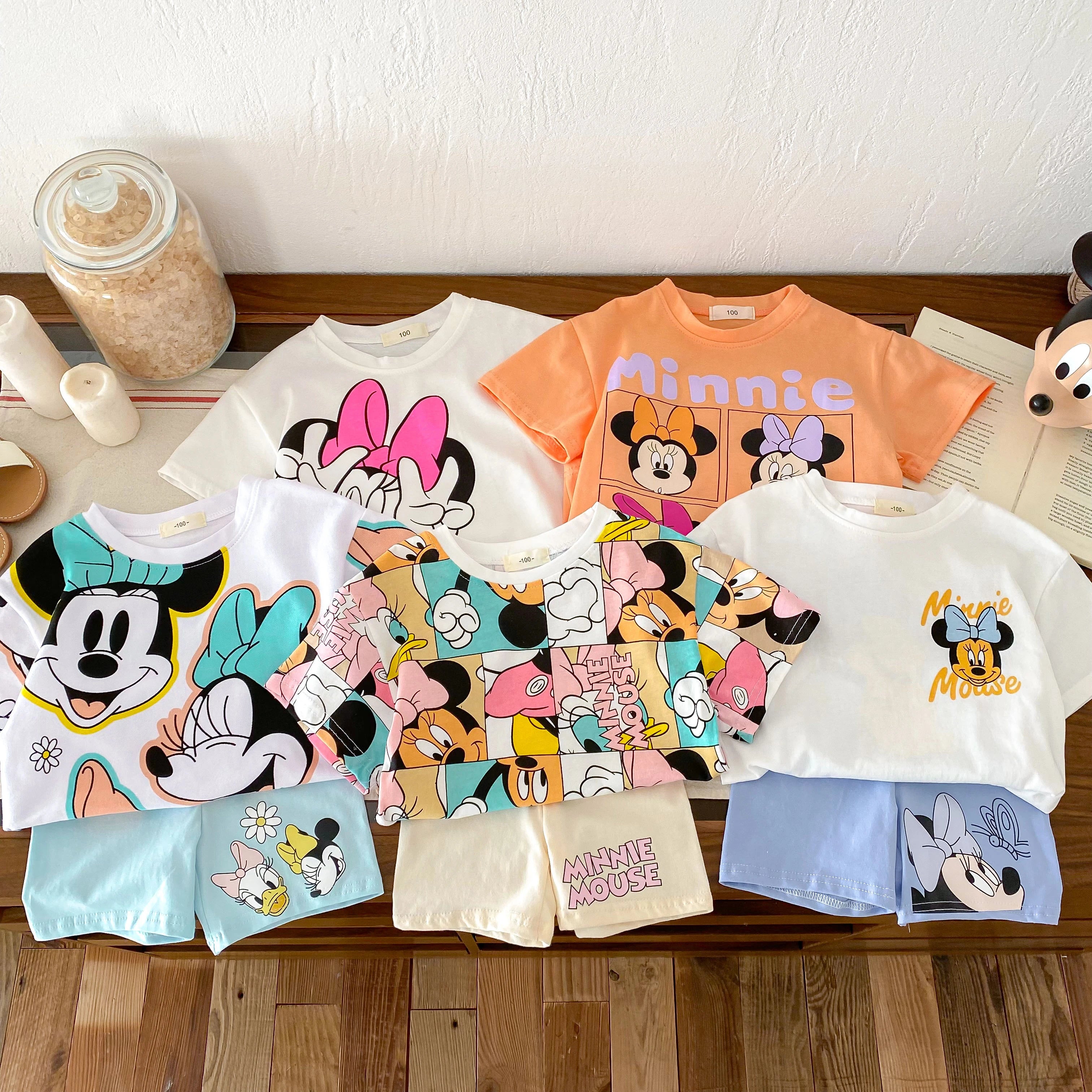 Girls Child Suits Cartoon TShirt Solid Color Shorts 2pcs Short Sleeve Tracksuits Outer Wear Kids Casual Cute Black Tees Outfit -