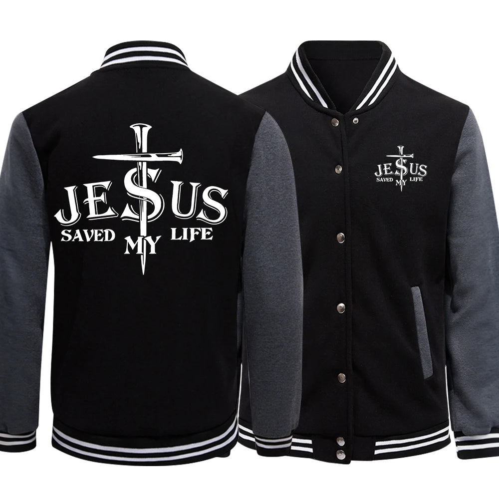 Make a statement with this preppy-style baseball jacket featuring a Jesus Saved My Life letter graphic. This unique design adds a touch of faith-inspired fashion to your look. -