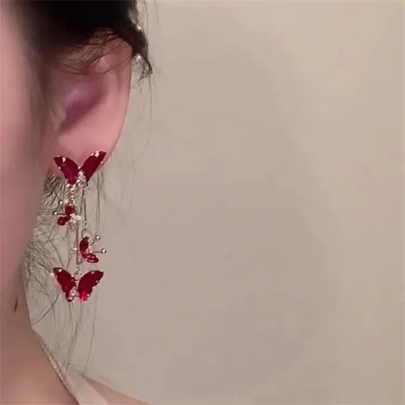 Elegant Red Zircon Butterfly Drop Earrings -