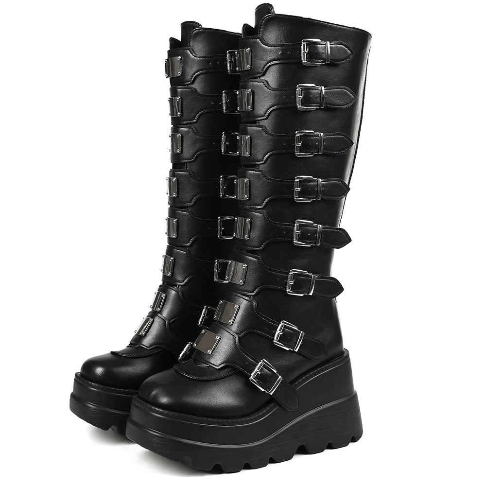 GIGIFOX Goth Metal Buckle Combat Mid-Calf Boots For Women Round Toe Platform Chunky High Wedges Cool Fashion Motorcycle Boots -