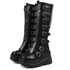 GIGIFOX Goth Metal Buckle Combat Mid-Calf Boots For Women Round Toe Platform Chunky High Wedges Cool Fashion Motorcycle Boots -