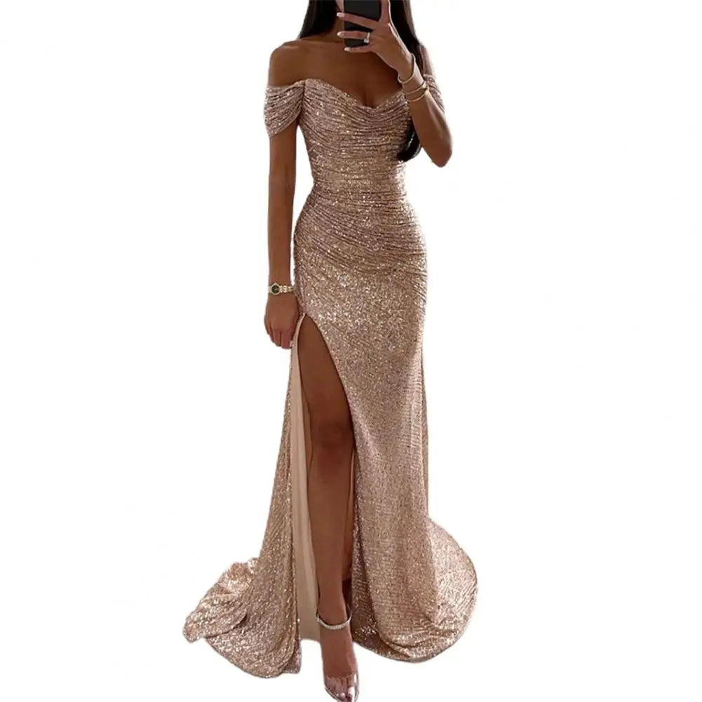Dazzle in style with this sequin pleated maxi dress featuring short sleeves and a waist-tight silhouette—perfect for showcasing sophistication and glamour! -