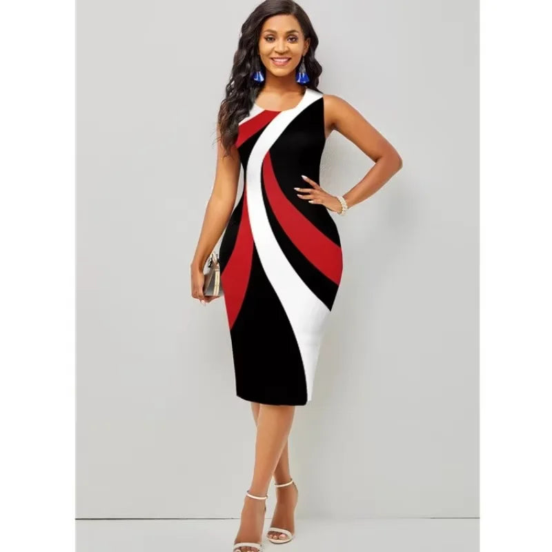 Plus Size Midi Dress for Women Elegant Print Party Dress 2024 Sleeveless Slim Dress -