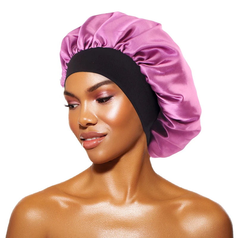 Protect your hair in style with these satin solid bonnets. Featuring a wide-brim design, these hats are perfect for night sleeping or bathing and are suitable for both men and women. -