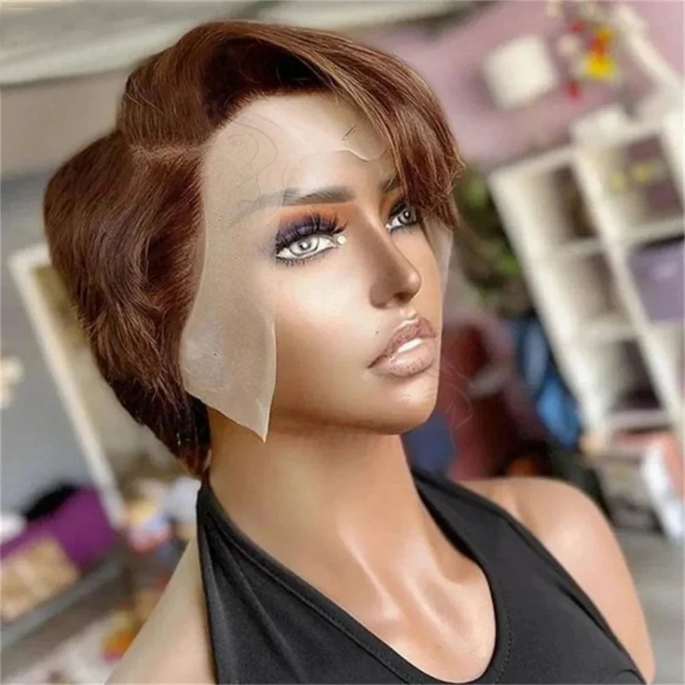 Refresh your style with this 13x4 lace frontal short human hair wig—featuring a trendy pixie cut and natural lace front for a flawless, stylish look! -