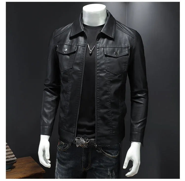 Men's Motorcycle Leather Jacket Large Size Pocket Black Zipper Lapel Korean Slim Fit Male High Quality PU Leather Coat for Men -