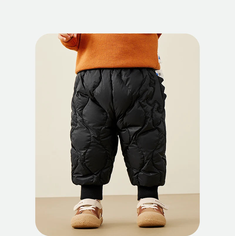 Keep your kids cozy and protected with these new style three-proof high-waisted warm down trousers—perfect for boys and girls on chilly days! -