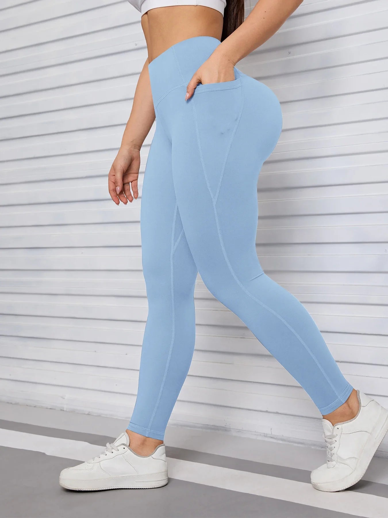 Yoga Pants with Pockets Tummy Control Butt Lifting Fitness Tights Women Solid Color Workout Leggings Sportswear -