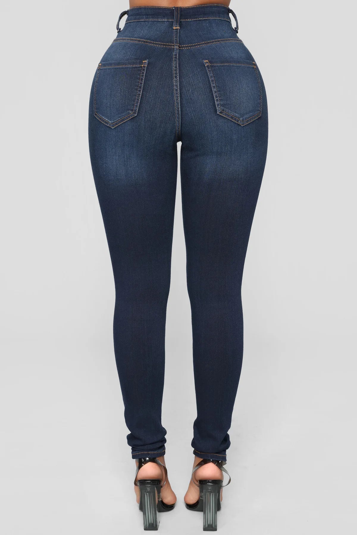 Women High Waist Stretch Hip Lift Denim Skinny Pants Jeans Full Length Sexy Slim Bleachded Solid Color Pants -