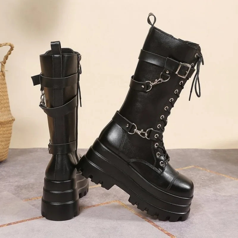 Plus Size 43 Autumn Women Boots Buckle Round Toe Wedges Platform Boots Punk Goth INS Women Street Shoes Combat Boots for Women -