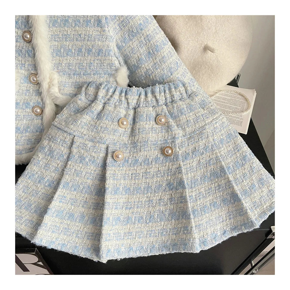 Children's Clothing Sets Tweed Scented Suit Fleece Coat + Pleated Skirt 2pcs Sets Baby Girl Clothes Kids Clothes 2 To 7 Years -