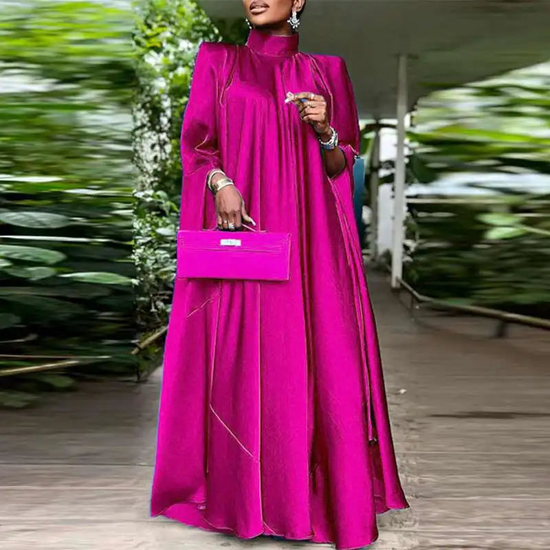 Plus Size 5XL VONDA 2023 Women Stand Collar Elegant Satin Dress Long Bat Sleeve Evening Pleated Maxi Sundress Casual Solid Robe -