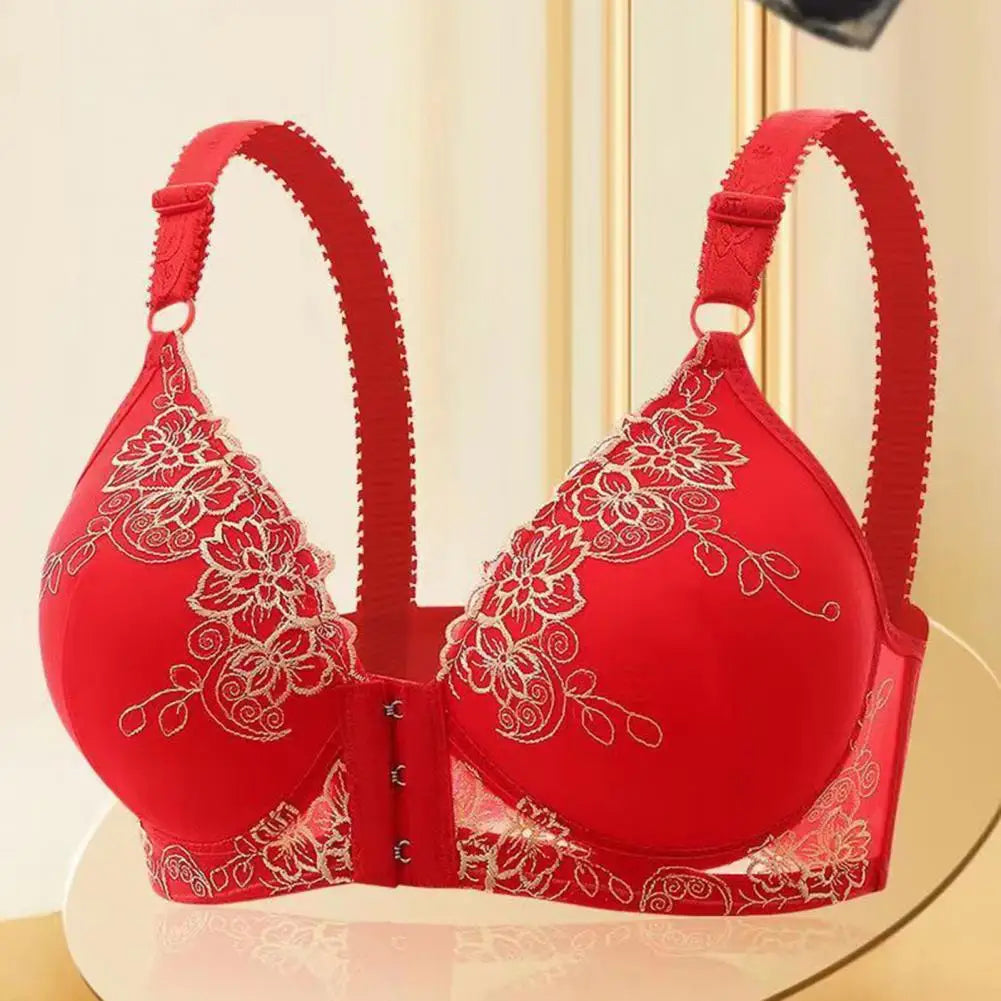 Adjustable Shoulder Strap Bra Supportive Lace Jacquard Trim Bras for Comfortable Lightweight Middle-aged Elderly Women -