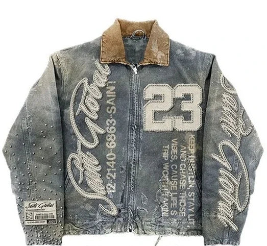 Make a bold fashion statement with this American vintage embroidered leather jacket. Inspired by hip-hop culture, this jacket adds a touch of edgy style to your wardrobe. -