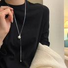 Women Long Necklace With Single Pearl -