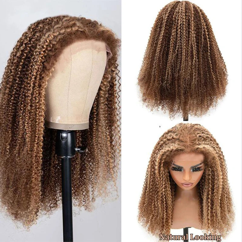 Afro Kinky Curly Blonde Highlight Human Hair 13x4 Lace Frontal Pre Plucked -
