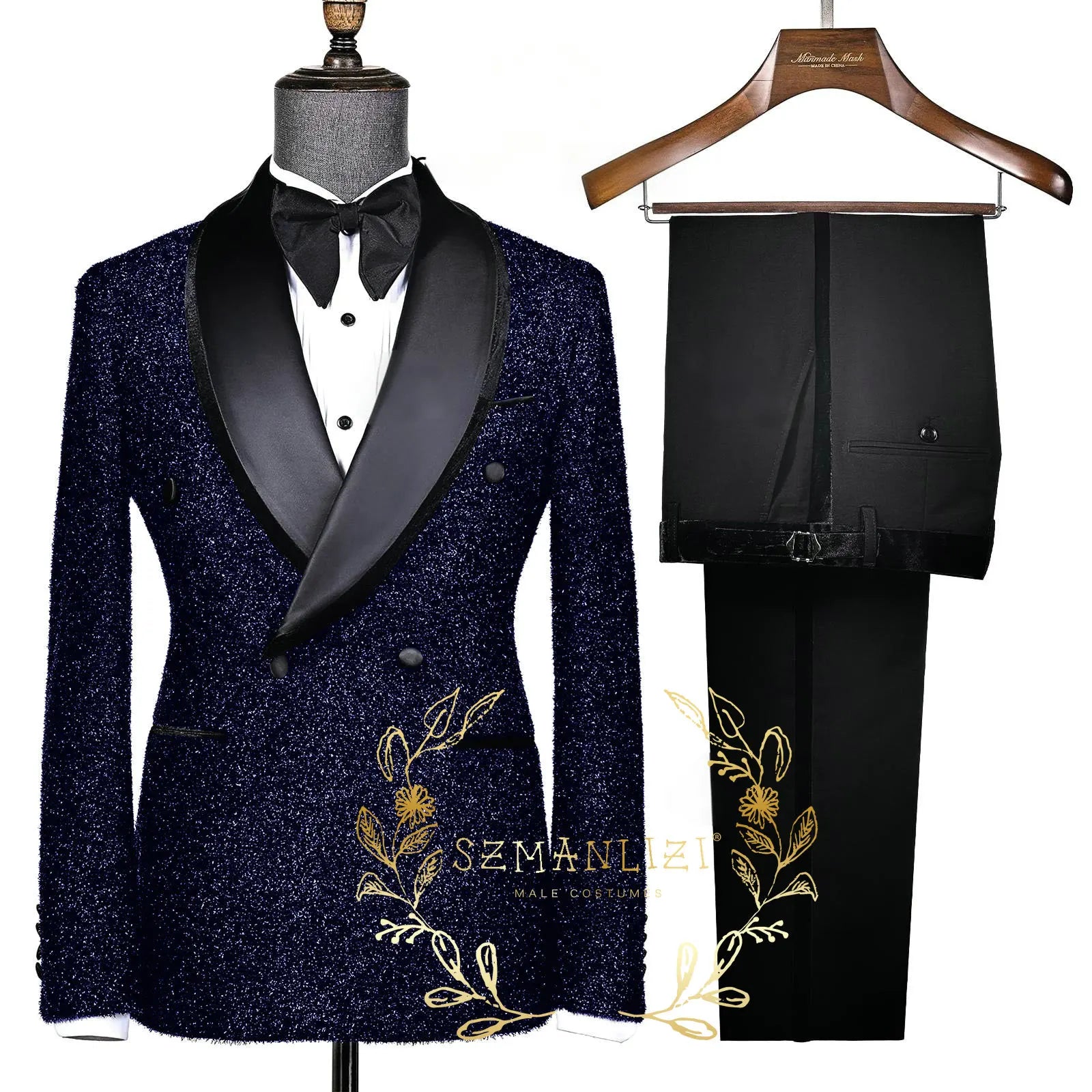Fashion Shiny Black Men's Suits Slim Fit Double Breasted Shawl Lapel 2 Piece Jacket Pants Male Clothing Prom Party Outfits -