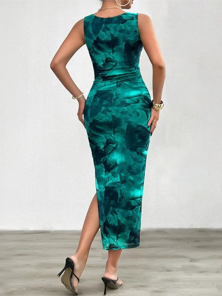 Women's Round Neck Style Slimming Sleeveless Dress With Split Bottom -