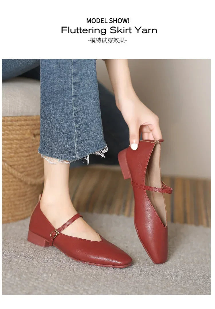 Woman Spring Casual Square Toe Low Soft Soled Shoes Lolita Ballerina Red Flats Female Elegant French Retro Buckle Mary Janes -