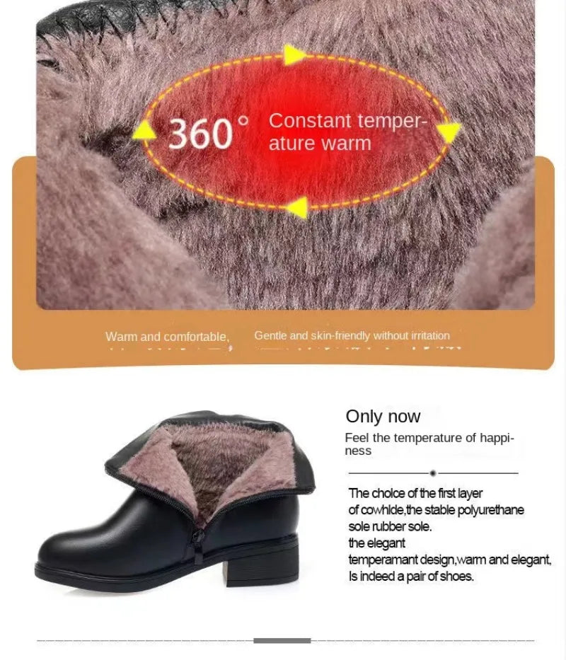 Winter Boots Women's Waterproof Warm Leather Mother Cotton Boots Fashion Black Mid heel Plush Snow Boots Soft Sole Short Boot -
