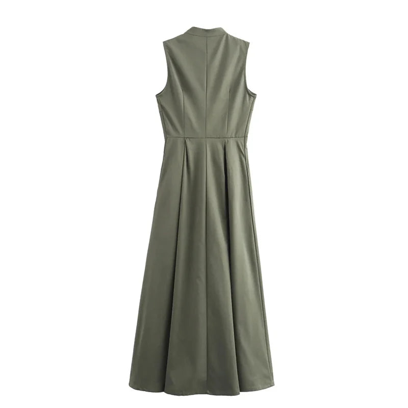 MUJER Zipper Long Dress Woman Pleated Sleeveless Bodycon Dress Summer Elegant Party Dresses For Women 2025 New Midi Dresses -