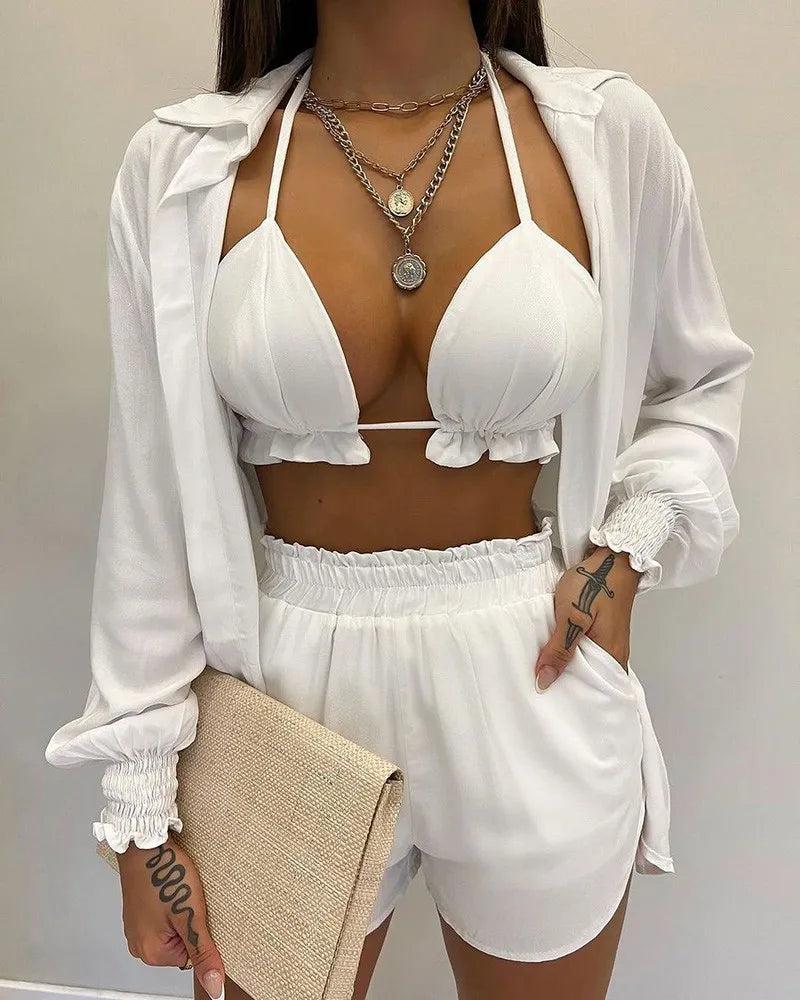 2024 New Bathing Suit Shorts Cover Up Summer Three Pieces Swimwear Sexy Beachwear High Waist Bikini Set Print Women's Swimsuit -