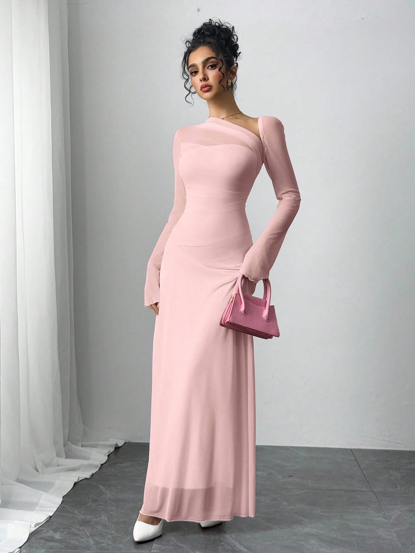 Women's pink tulle explosion slim irregular diagonal shoulder long dress -
