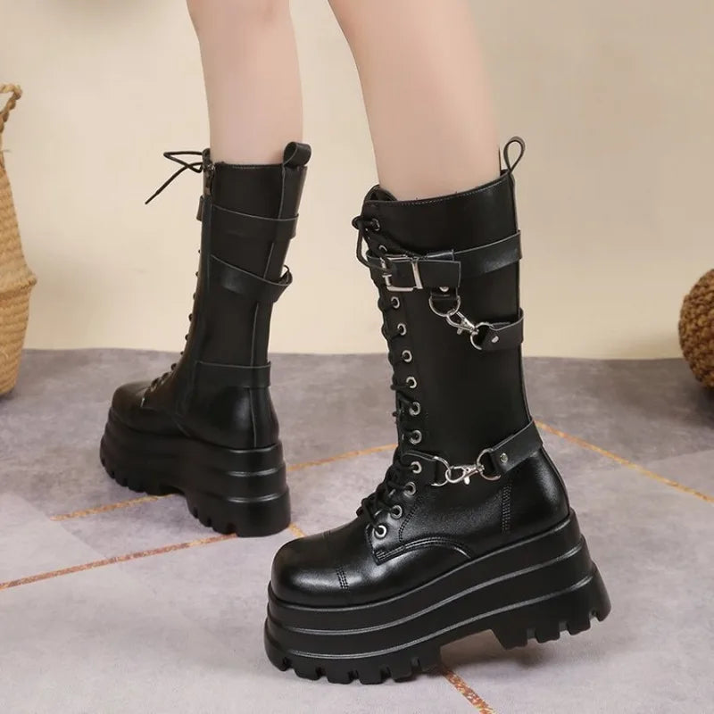 Plus Size 43 Autumn Women Boots Buckle Round Toe Wedges Platform Boots Punk Goth INS Women Street Shoes Combat Boots for Women -